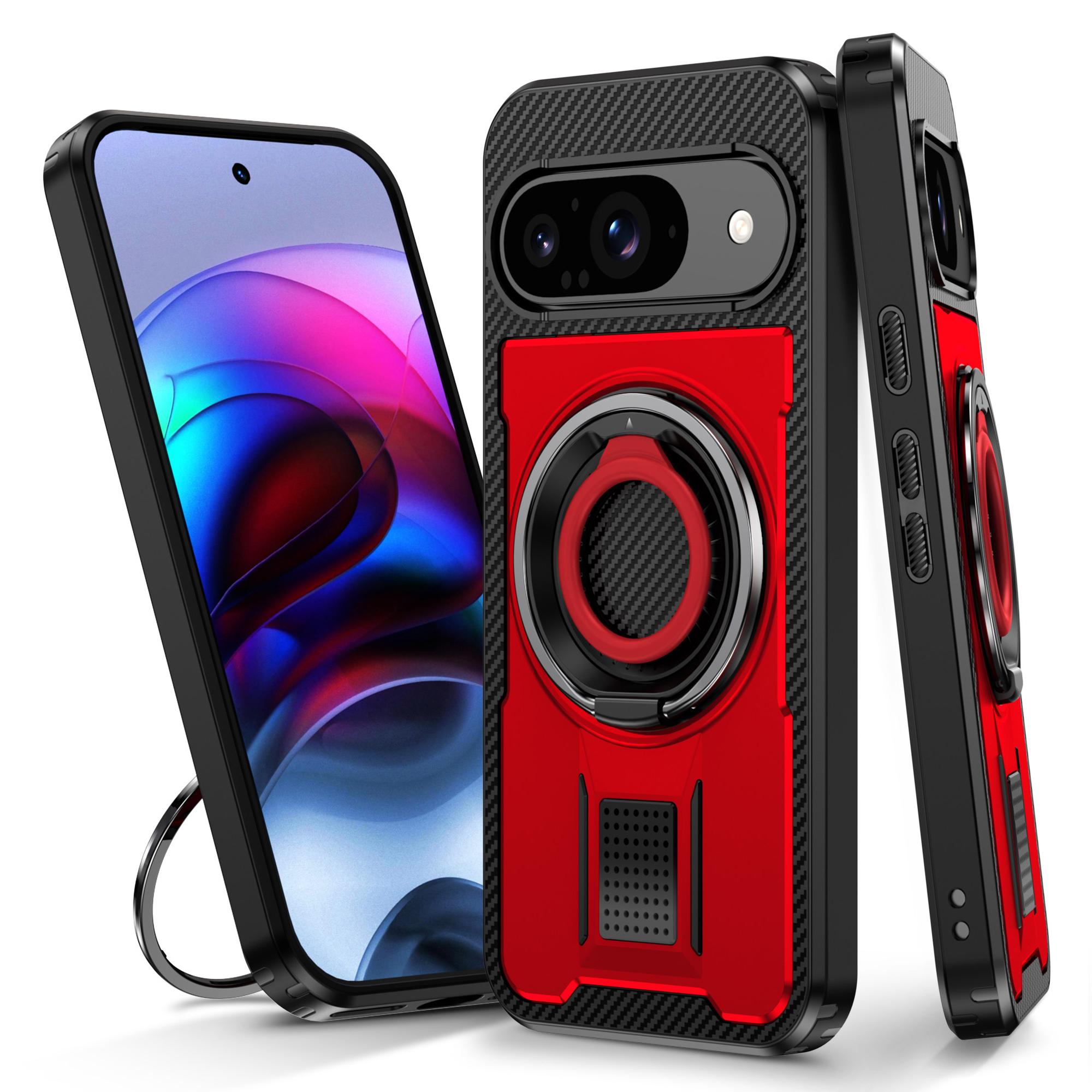 

For Google Pixel 9/Google Pixel 9 Pro Case TPU+PC Kickstand Phone Cover with Silicone Finger Strap Red