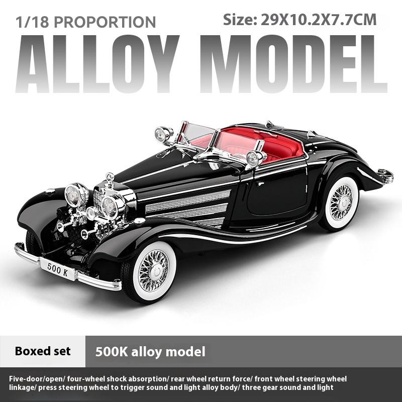 Large 1/18 Benz 500K Alloy Die Cast Classic Car Model Simulation Sound Light Retro Car Model Ornament Boy Gift Halloween Toys