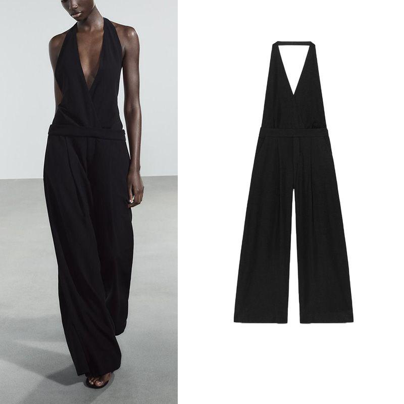 Spring and Summer New Women's Clothing Bows Decorative Linen Blend Open Back Double Breasted V Neck One-Piece Pants 3152358