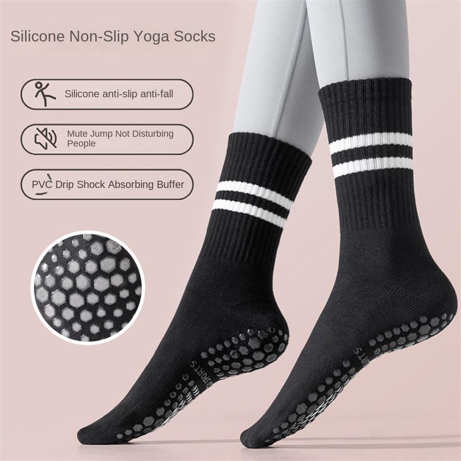 1 Pair of Women's Yoga Socks Skipping Rope Sports Pilates Indoor Anti Slip Floor Double Bar Mid Leg Socks