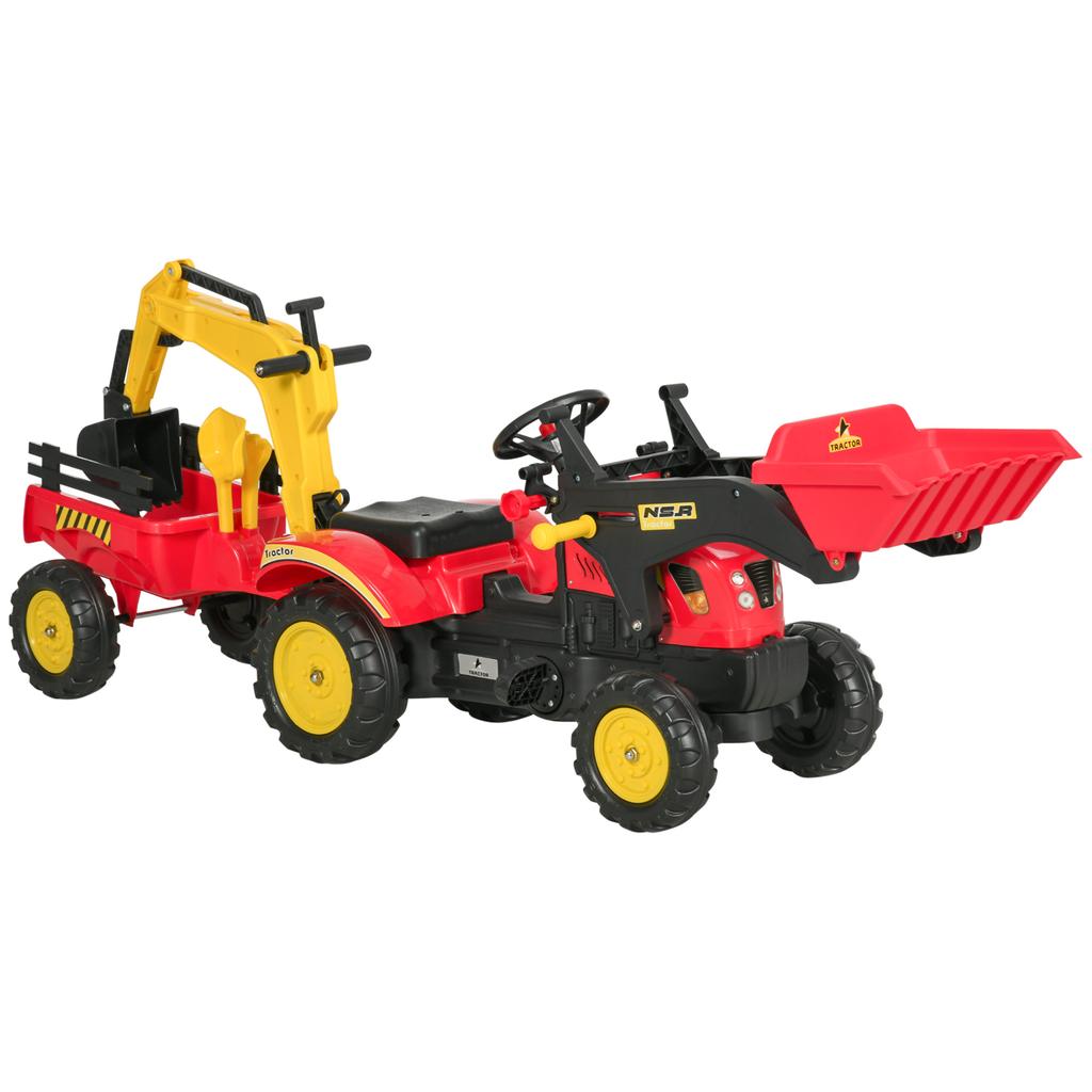 Pedal Tractor with Trailer, Front Loader, Adjustable Bucket, Tractor Pedal Vehicle for Children from 3 Years Red
