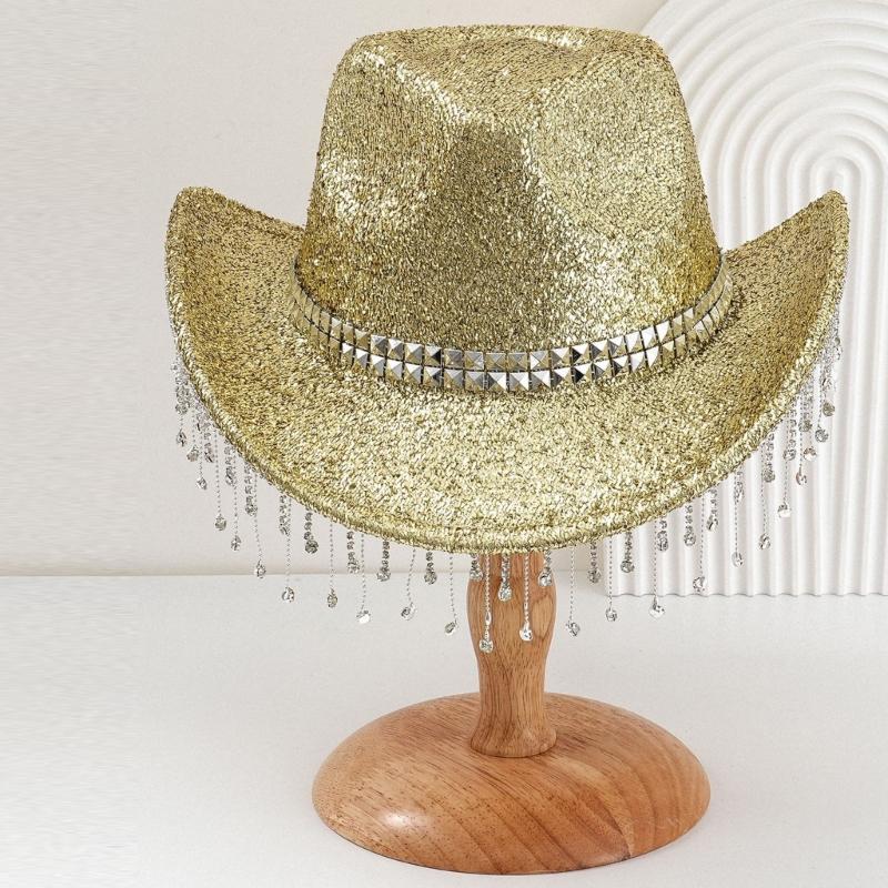 Třpytivý klobouk s třásněmi z kamínků pro ženy muže klobouk fedora na hudební festival s velkým třpytivým práškem na večírky