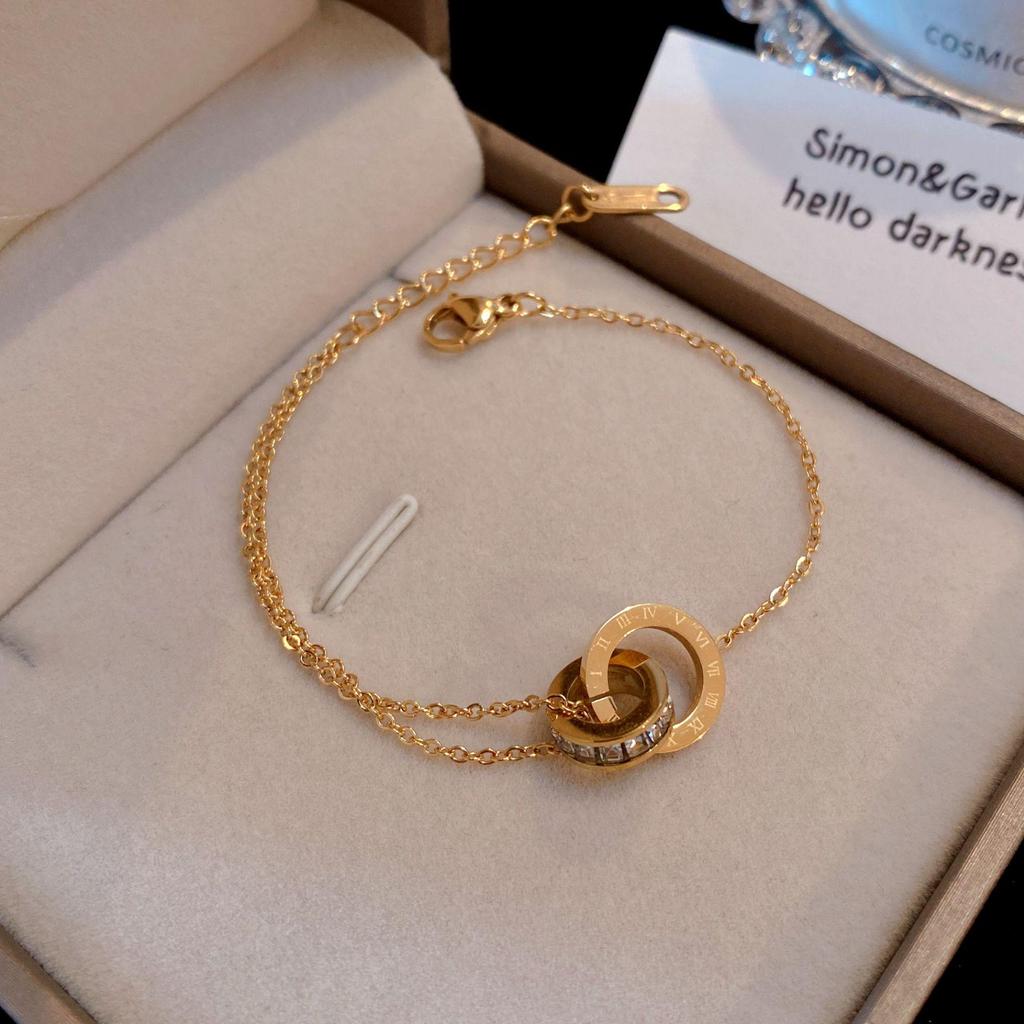 Rose Gold Zircon Roman Numerals Double Ring Bracelet - Titanium Steel Japanese & Korean Style Bangle