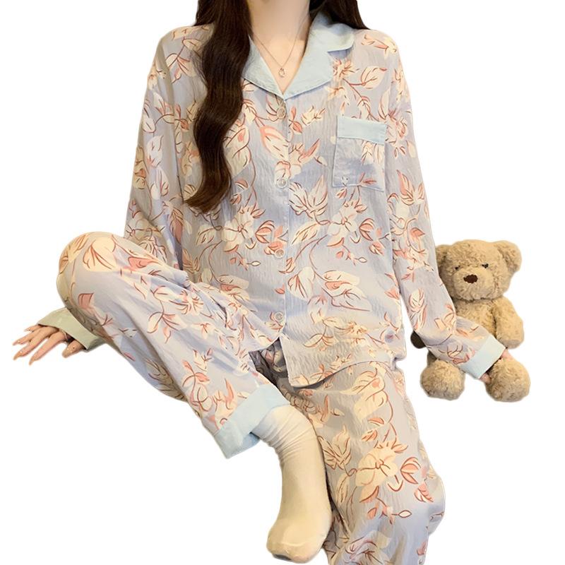 New Chinese Elegant Floral Pajamas Women'S Autumn Cloud Cotton Long-Sleeved High-End Loungewear Two-Piece Set