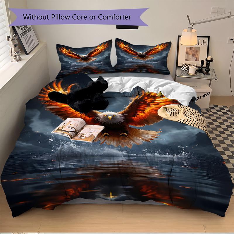 3pcs Eagle, Water Reflection Bedding Set - 1 Duvet Cover + 2 Pillowcases(Core Not Included), Machine Washable Polyester, All-Season Comfort,