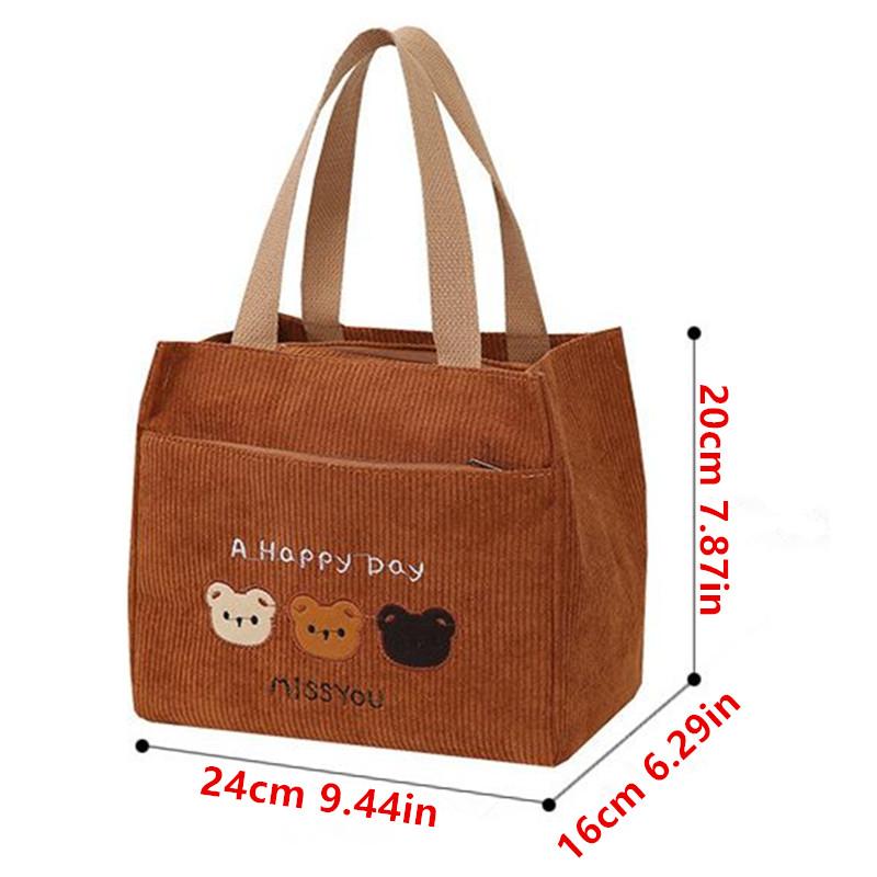 Corduroy Embroidered Bear Tote Bag, Stylish Cosmetic Storage Handbag, Suitable for Daily Work School Outdoor Travel Deliver Food