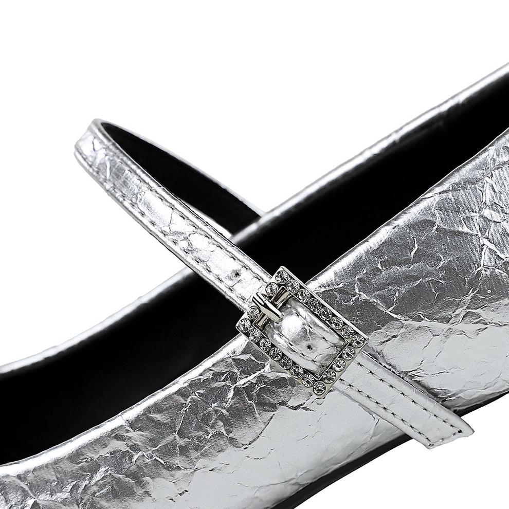 Shallow Mouth Square Toe Color Blocked Metal Rhinestone Buckle Straight Strap Single Shoe