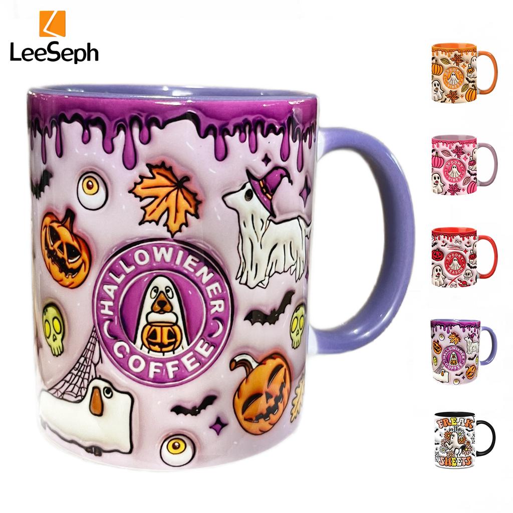 Leeseph 3D Effect Halloween Mug, Trick or Treat Halloween Pumpkin Ghost Ceramic Coffee Mug, Coffee Lover Halloween Decor Gift