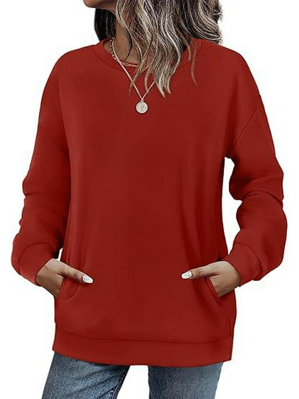 2025 Women s Solid Color Loose Round Neck Long Sleeve Fleece Sweatshirt Extra Large