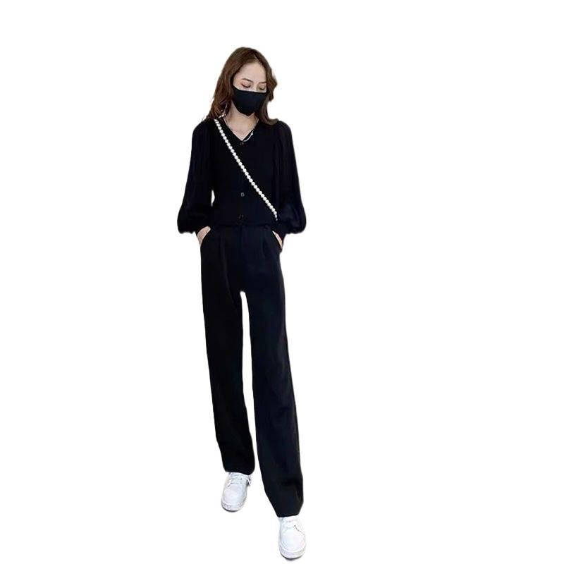 Autumn and Winter Temperament Fashion Suit for Women Petite Design Puff Sleeve Chiffon Shirt Casual High Waist Wide Leg Pants Two Piece Set