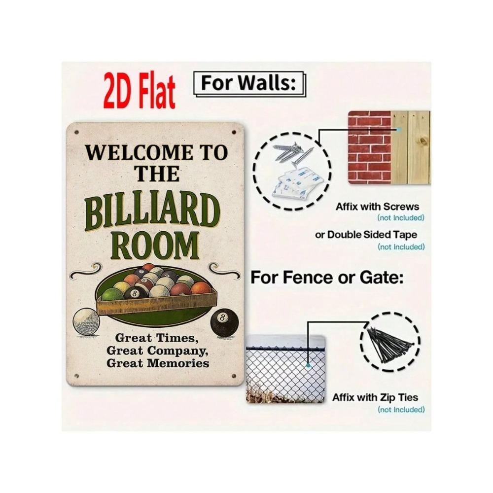 Billiard Metal Wall Art Sign, 2D Welcome Poster for Game Room Decor