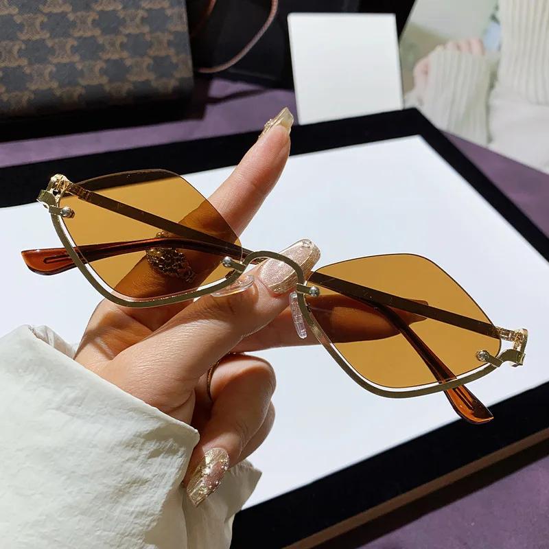 Metal Women Simple Trend Sunglasses Men New Half Frame Diamond Shaped Sunglasses Dopamine Small Frame Outdoor Sunglasses