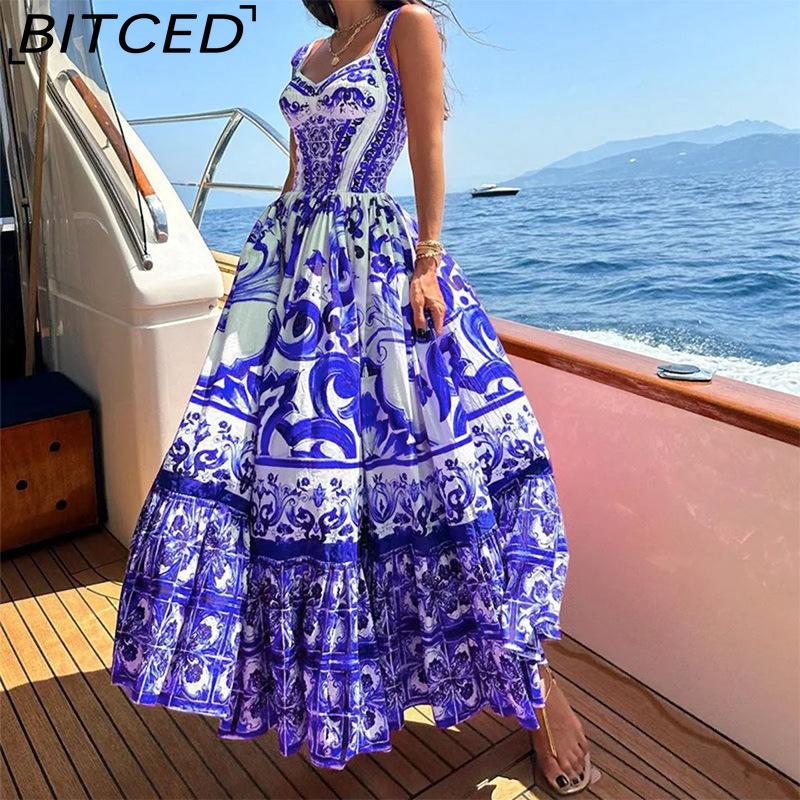 

BITCED Весенняя коллекция Элегантное платье миди с широким подолом в богемном стиле с принтом и халтером XXXL фиолетовый