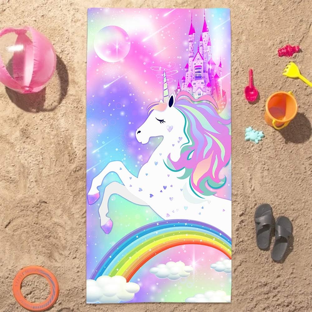 Unicorn Beach Towel 31.5X63 Inch Rainbow Castle Print Quick Dry Soft Microfiber Bath Towel For Girls Kids Summer Gift
