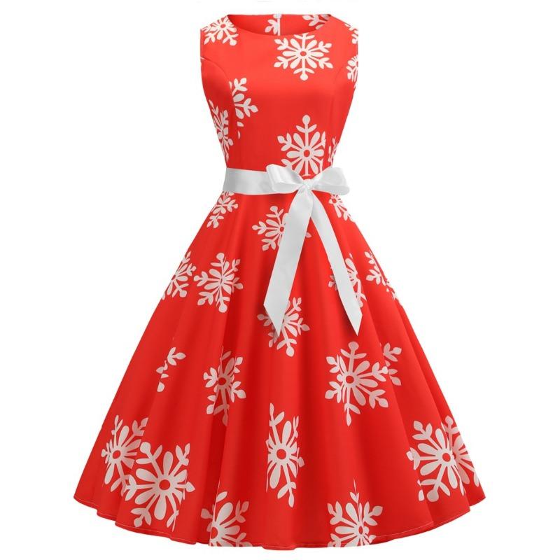 

Платформа, темпераментный круглый вырез без рукавов ретро принт снежинки большая юбка-свинг W S