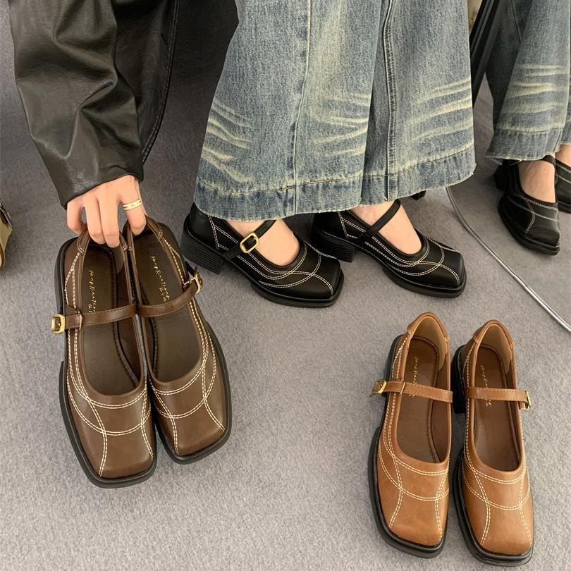 Square head thick heel Mary Jane single shoes women's shoes 2025 spring new versatile college style small leather shoes women