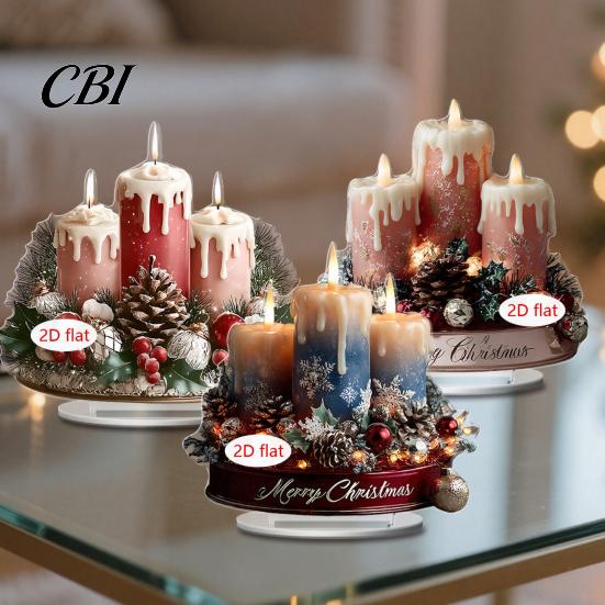 Christmas Tabletop Ornaments Candle Ornament, 2D Flat Acrylic Ornament with Base, Tree Decorations Snowman Reindeer Festive Table Centerpiece