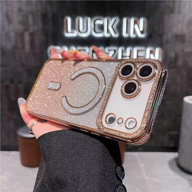 Applicable to iPhone17promax mobile phone case light luxury flash diamond magnetic suction Apple 16 all-inclusive lens film protective case 15