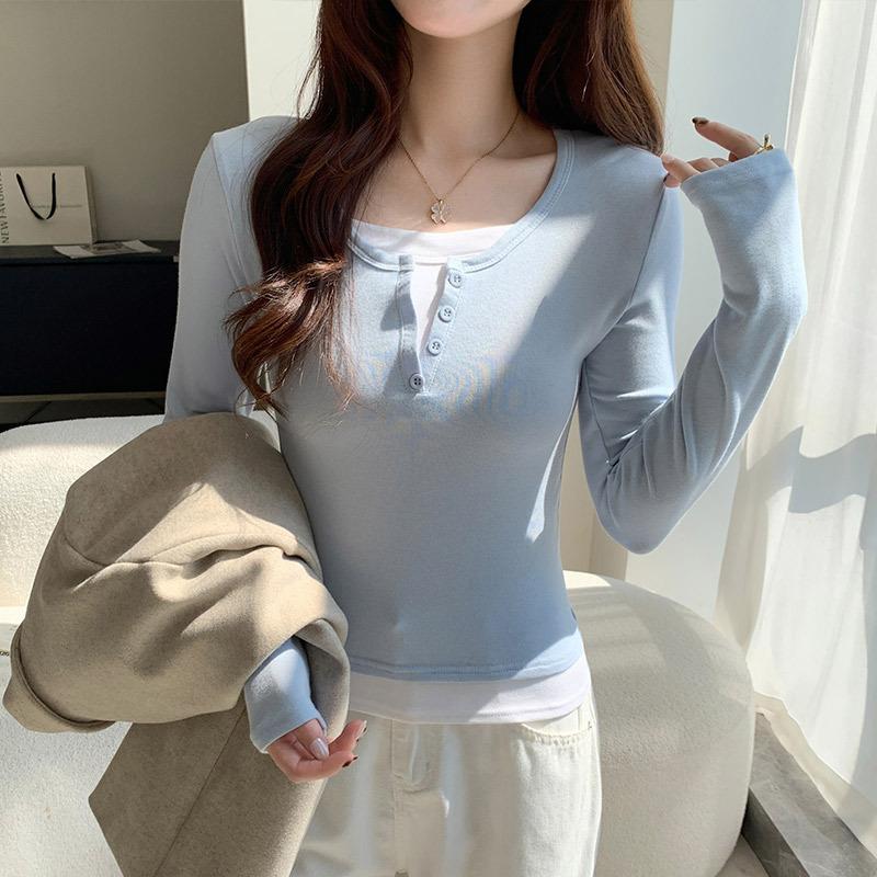 9-Button contrasting color fake two-piece T-shirt women's new design V-neck short shirt