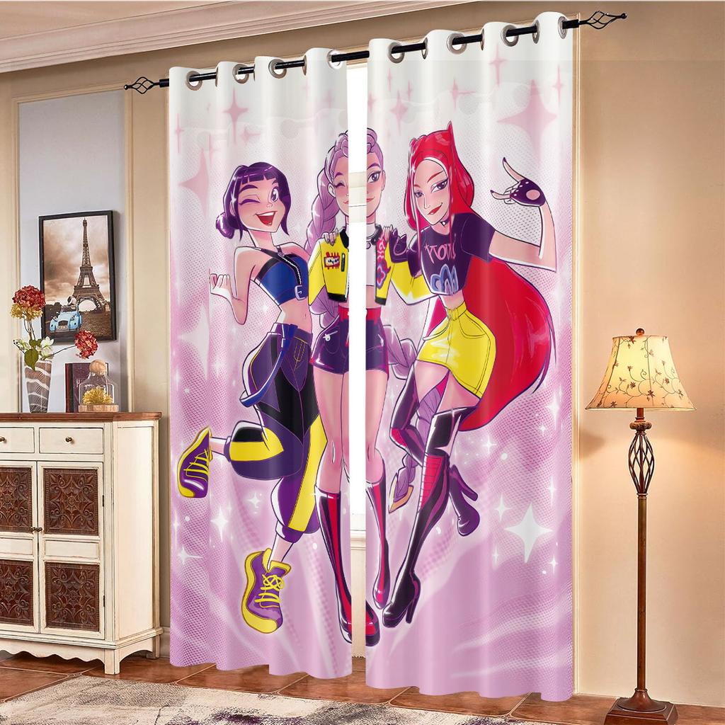 2 st K-Pop Demon Hunters Tryck Perforerade Mörkläggningsgardiner Flera Storlekar Vardagsrum Isolering Dekoration, Maskintvättbara