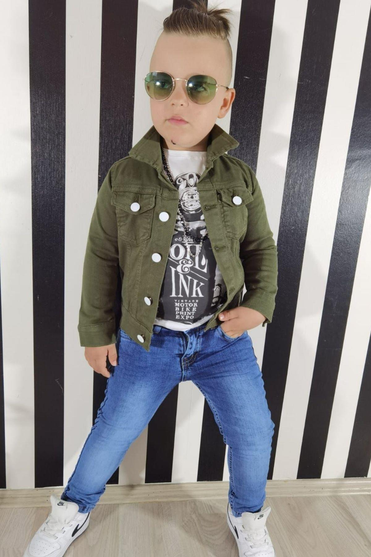 

Boys Motor Printed T-Shirt Buttoned Jacket Khaki Denim Bottom Top Suit 3-12 Ages