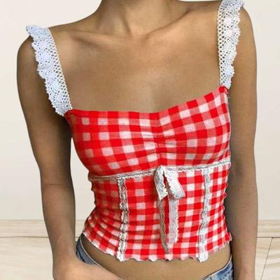 Regatas estampadas xadrez, renda, costura, cami, top curto, gola quadrada, sem mangas, sexy, curtas