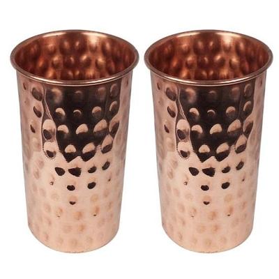 Pure Copper Plain Glass with Luxury Design, Hummer Touched , Drinking Serving Water, Yoga Ayurveda, Volume 300 Ml Set of 2