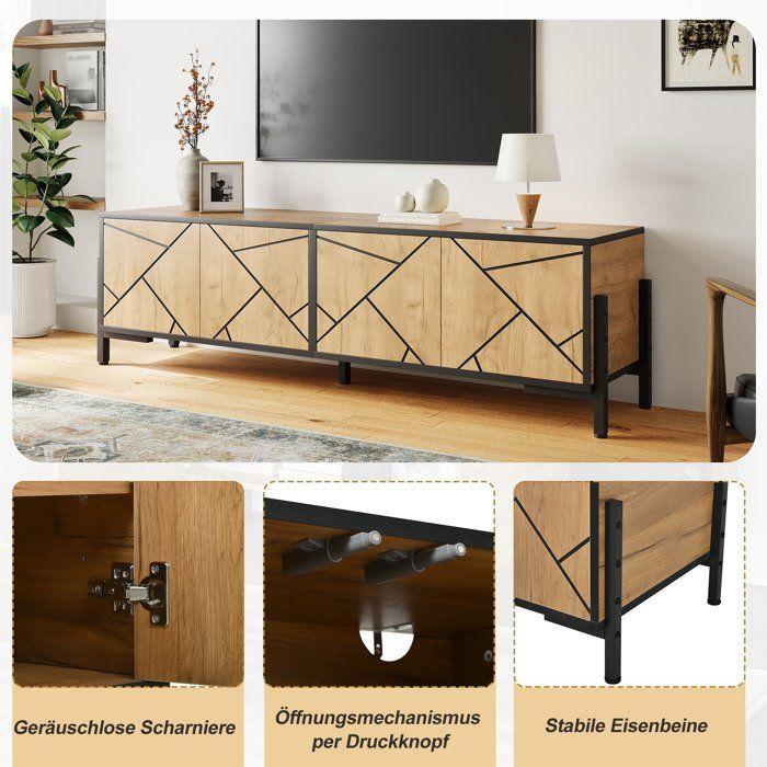Meuble TV 153x40x50 cm pour TV 65 pouces 4 portes design géométrique grand rangement salon 6 pieds métal bois naturel noir chic