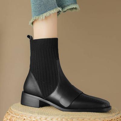 Piele de vaca Iarna Varf Patrat Toc Med Cizme Chelsea Femei Slip on Tricoturi Botine elastice