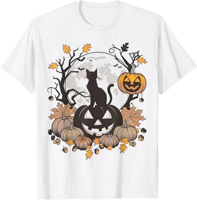 Floral Black Cat Cottagecore Aesthetic Pumpkins Halloween T-Shirt