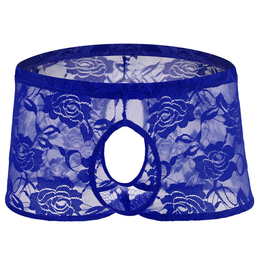 Men'S Rose Lace Boxers See Through Underwear Sissy Open Crotch Lingerie Open Front Penis Panties Crossdress Underpant Nightwear