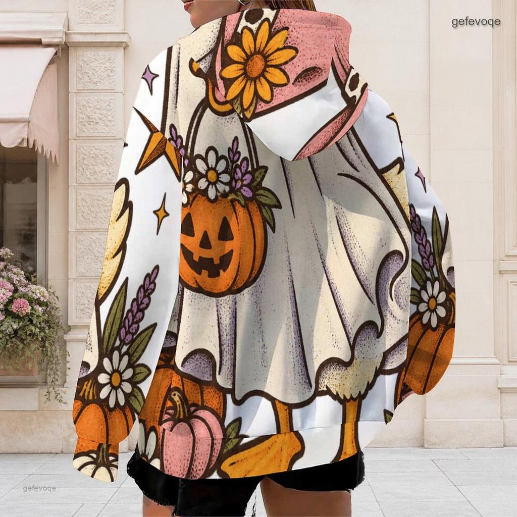 Women Plus Size Zip Up Long Sleeve Hoodie Drawstring Hood Pockets Halloween Cartoon Print Sweatshirt