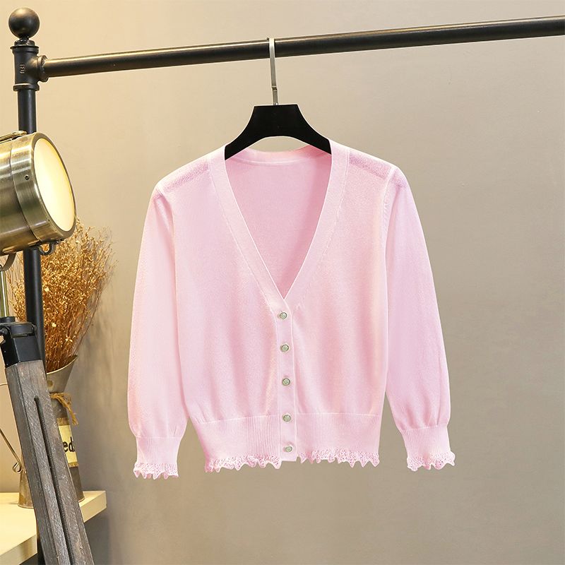 

Small Knitting Shawl Short Cardigan Women s V Neck Summer Thin Ice Silk Outer Matching Suspender Skirt Sun Protection Outwear Pink(XY-8527) L