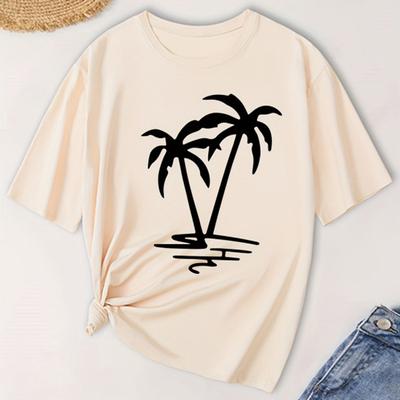 Women's Fashion T-shirt Short Sleeve Summer Coconut Tree Print Casual Tee Tops