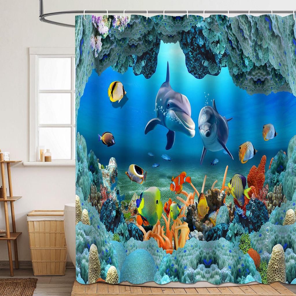 Coastal Marine Shower Curtain: Dolphin, Starfish, Seahorse, Seashell, Sea Turtle - Moisture-Proof, Mildew-Resistant, Waterproof, Beach Bathroom Décor