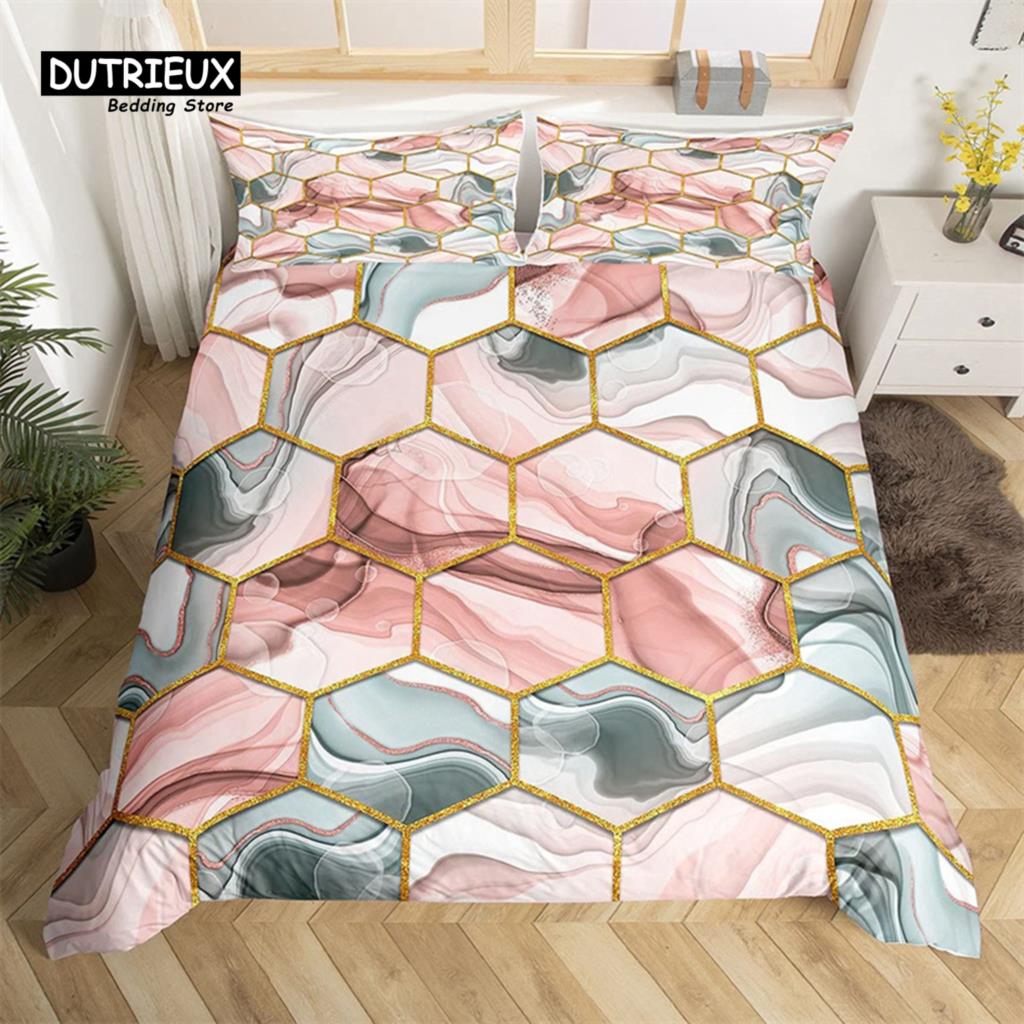 Marble Duvet Cover Set Microfiber Geometric Hexagone Quilt Cover Honeycomb Bedding Set Single King Queen For Kids Teens Adults