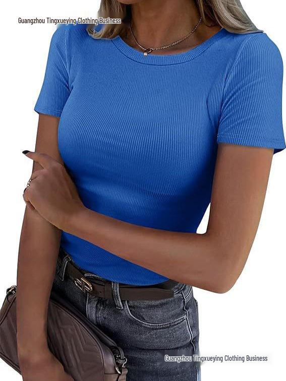 Women's Summer Ribbed Short Sleeve Stretchy Slim Fit Round Neck T-shirt