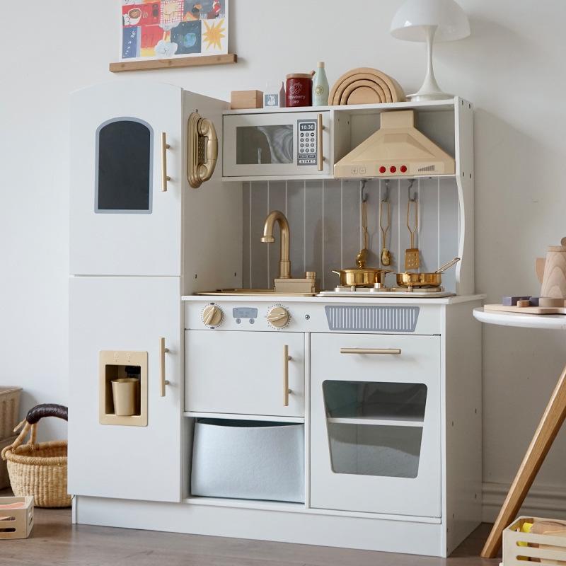 

Golden Kitchen Wooden Playset with Range Hood, Sound & Light Effects, and Utensils.