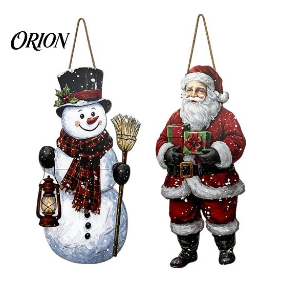 Traditional American Holiday Style Vintage Christmas Door Welcome Sign, Rustic Santa Claus Snowman Wooden Winter Seasonal Wall Art Wreath, Farmhouse
