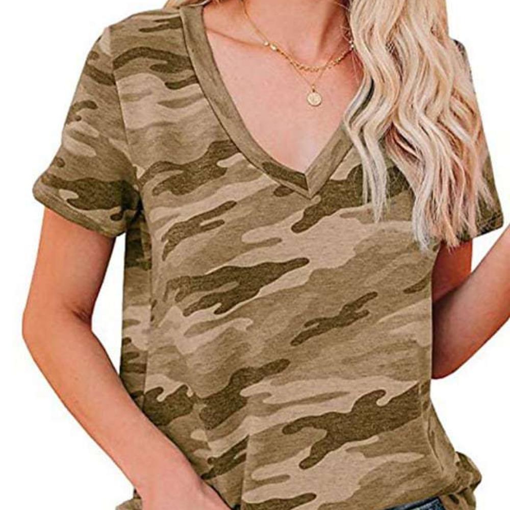 

Літня жіноча повсякденна футболка з леопардовим принтом і камуфляжним принтом 2023 року з V-подібним вирізом і короткими рукавами XXL