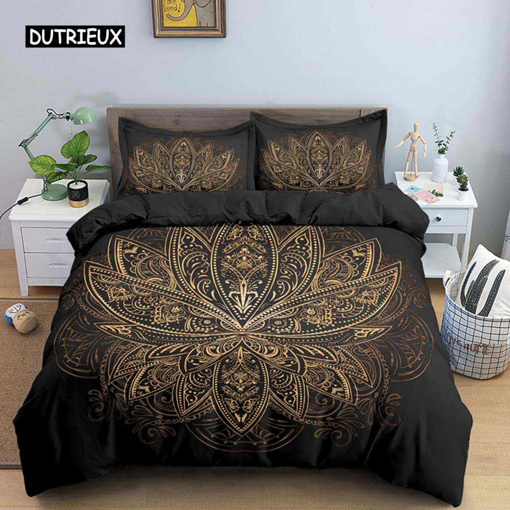 2/3dílná Sada na postel Bohemian Lotus Sada povlaku na přikrývku Mandala Květinový povlak na přikrývku Pro dospělé Černá Polyesterová sada ložního prádla Queen King Twin Pro teenagery