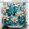 Schmetterling Duschvorhang Grün Blau Ölgemälde Weiß Boho Blumen Badezimmervorhänge Rustikales Bauernhaus Floral Waschbare Dusche