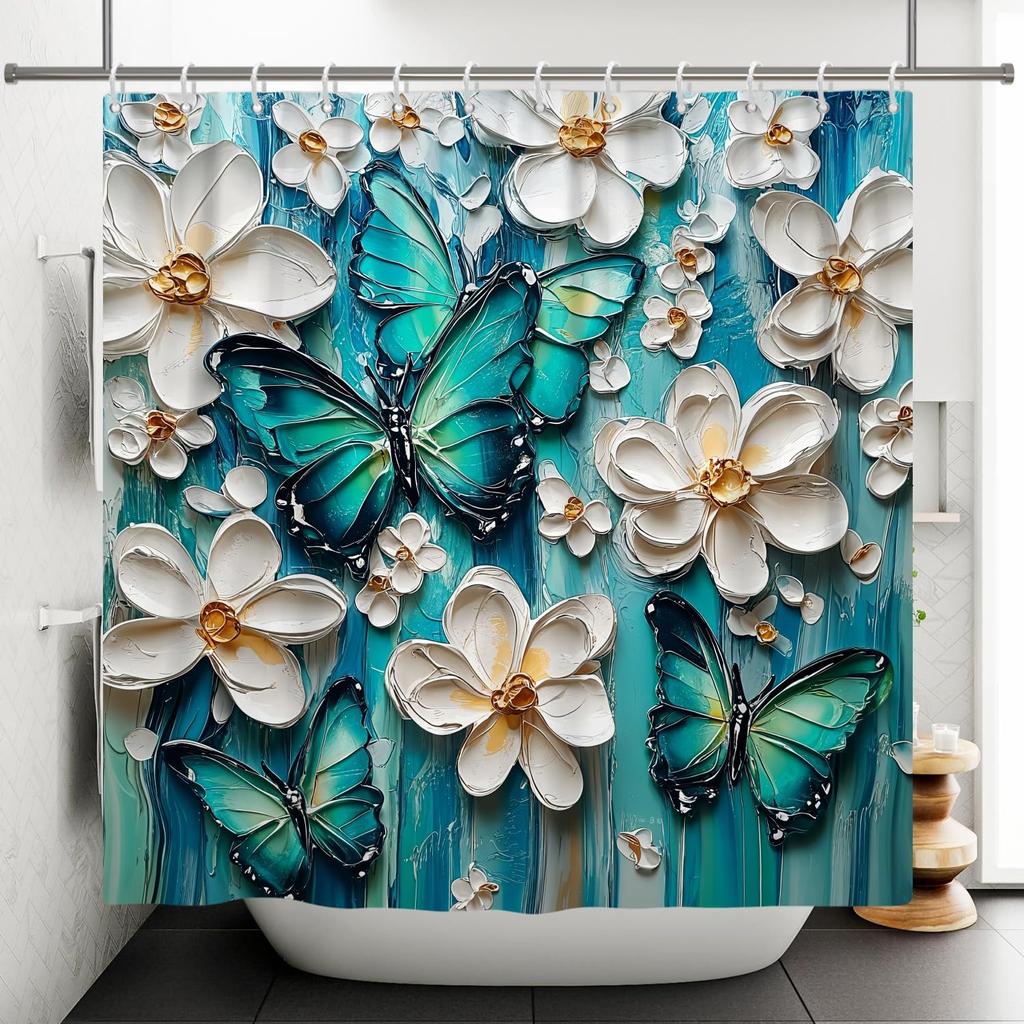 Schmetterling Duschvorhang Grün Blau Ölgemälde Weiß Boho Blumen Badezimmervorhänge Rustikales Bauernhaus Floral Waschbare Dusche
