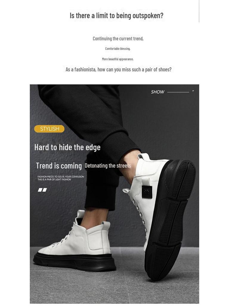 Men's High-Top Leather Winter Shoes, Velvet-Lined Martin Boots, Korean-Style Casual Sneakers