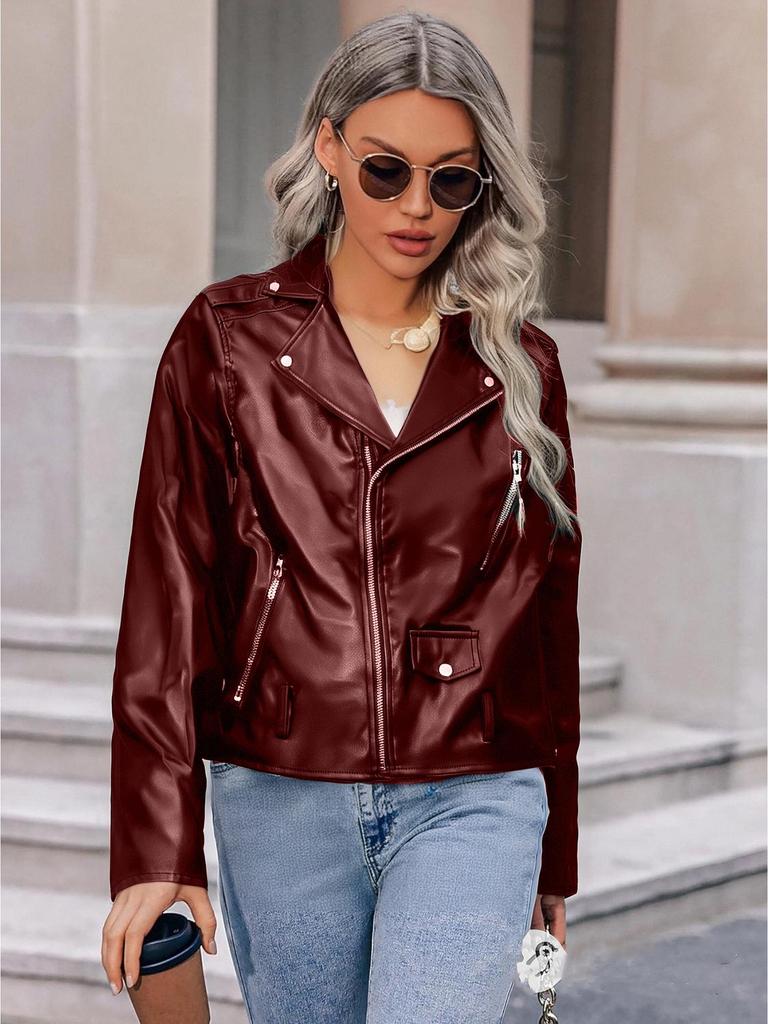 Women's Autumn 2026 Slimming Slanted Zip Short Leather Motorcycle Jacket