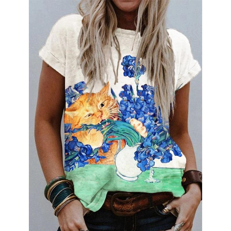 

Летний топ с круглым вырезом и 3D-принтом, модные повседневные женские футболки с короткими рукавами XS