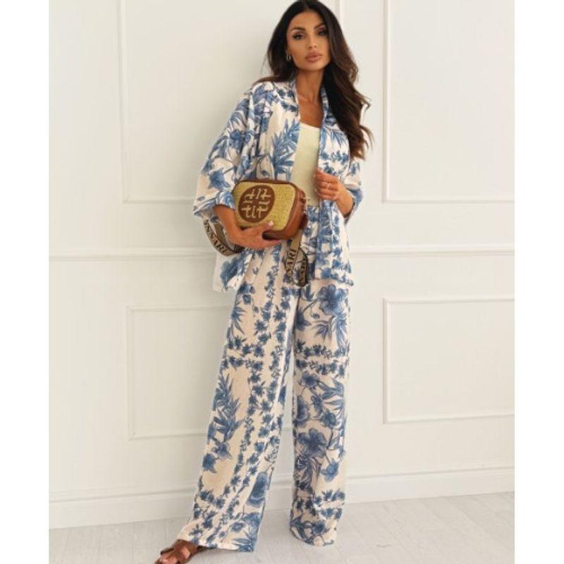 

Трансграничный европейский и американский праздничный стиль весна-лето новый цвет топ с рукавом три четверти свободные брюки широкие от бедра повседневный костюм-двойка Blue 2XL