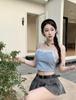 Hong Kong Retro Spliced Lace-Trim Denim Bustier Top for Women