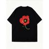 Women Casual T-Shirt White Poppy Flower Print With Green Stem And Signature For Daily Wear And Spring Outfits
