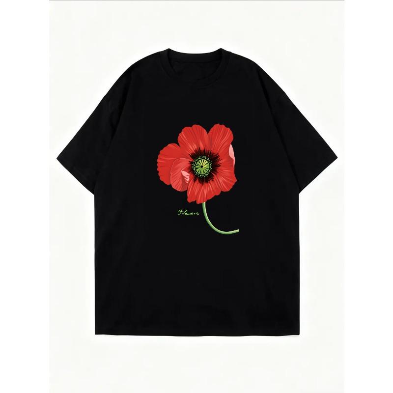 Women Casual T-Shirt White Poppy Flower Print With Green Stem And Signature For Daily Wear And Spring Outfits
